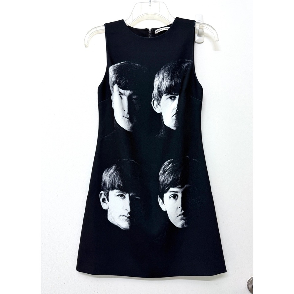 Alice + Olivia The Beatles Clyde Shift Mini Dress Fab Four Portrait Black 0 - Picture 2 of 16